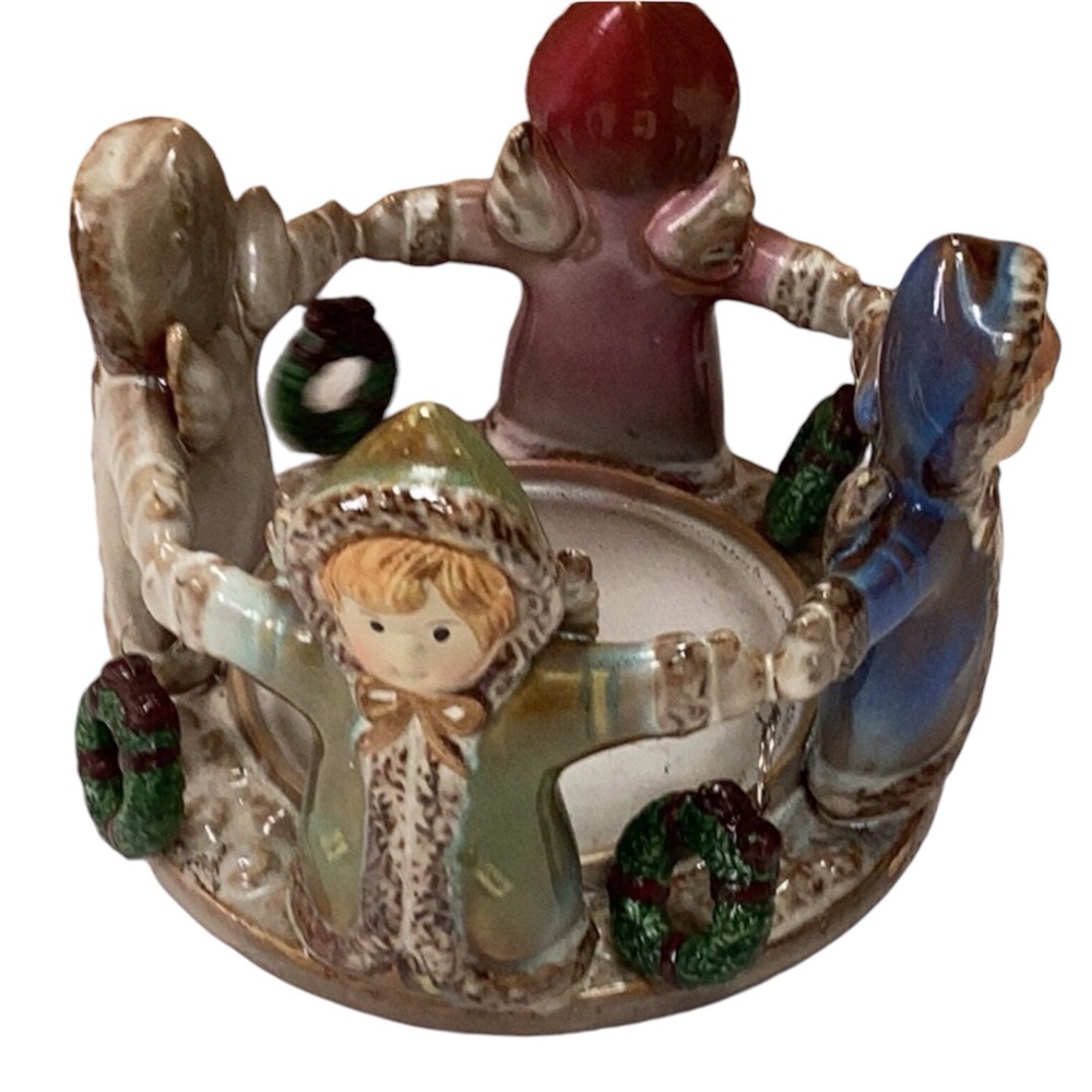 Glazed Stoneware Multicolored Christmas Angels With Wreaths Pillar Candle Ring‎